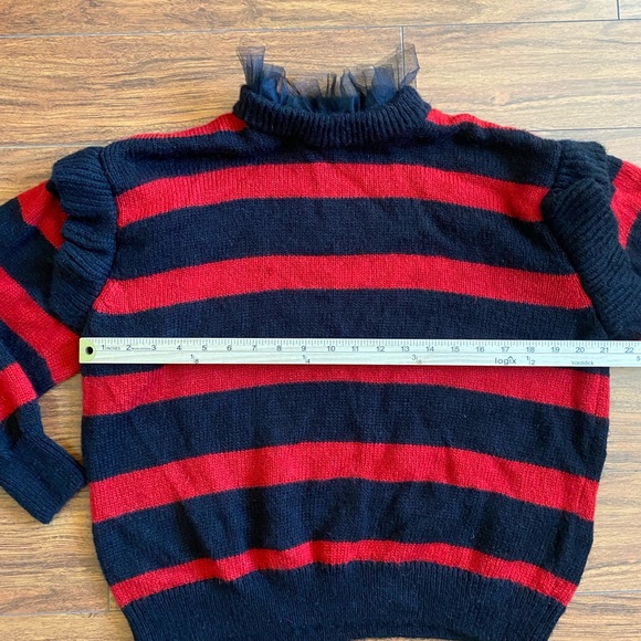 Zara Red Black Striped Tulle Ruffle Neck Mohair Blend Knit Sweater Size S - Picture 10 of 12
